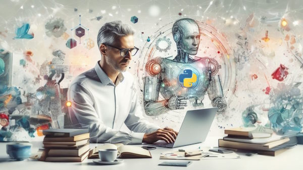 مردی در حال کار با لپتاپ است و چندین کتاب در اطراف او وجود دارد و تصوویر یک ربات هوش مصنوعی در کنار مرد دیده می شود 