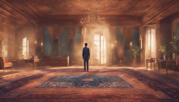 یک مرد ایستاده در اتاقی با فرش ایرانی و طراحی داخلی سنتی