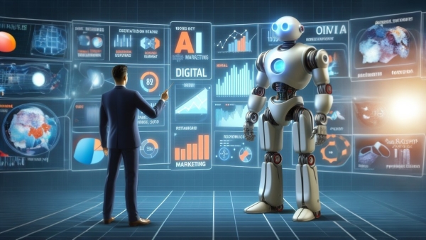 دیجیتال مارکتر رو به روی ربات هوش مصنوعی ایستاده است