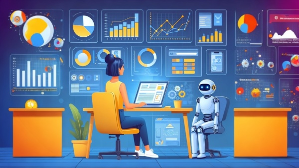 دختر دیجیتال مارکتر و ربات هوش مصنوعی پشت میز نشسته اند