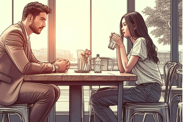 خانم و آقایی که در حال صحبت کردن با هم در یک کافه هستند.