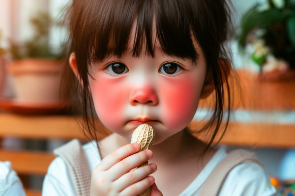 دختربچه ای بادام زمینی می‌خورد و صورت او قرمز شده است - آلرژی کودکان 