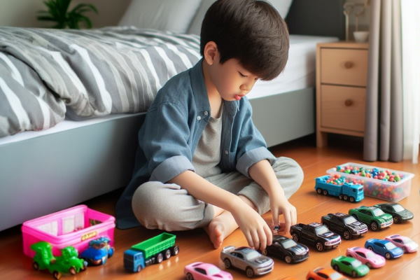 کودکی در اتاق خواب روی زمین نشسته و ماشین های اسباب بازی را در ردیف های پست هم قرار می‌چیند - بیماری های سیستم عصبی کودکان 