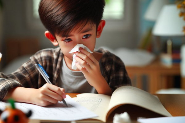 پسربچه ای در حال نوشتن تکالیف بینی خود را تمیز می‌کند - برونشیت کودکان 