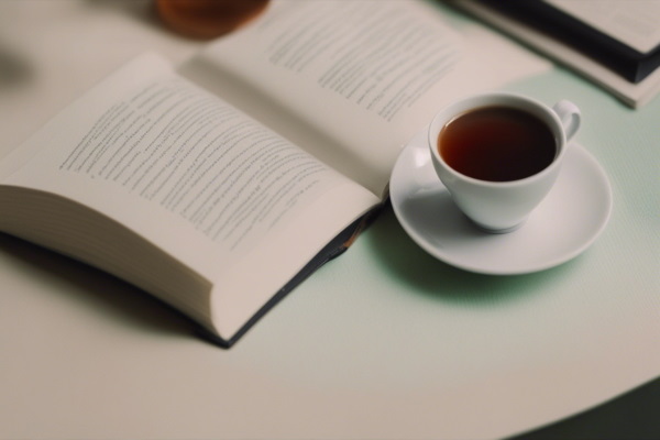 تصویر فنجان قهوه‌ای که کنار کتابی قرار دارد