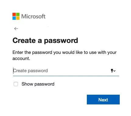صفحه create password مایکروسافت