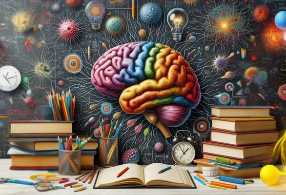 مغز در کنار کتاب‌های مختلف و تصاویر رنگی