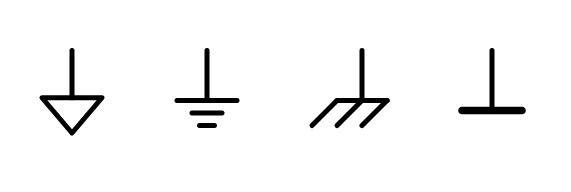 نماد شماتیک اتصال به زمین که در اینجا جهار نمونه رایج امده است