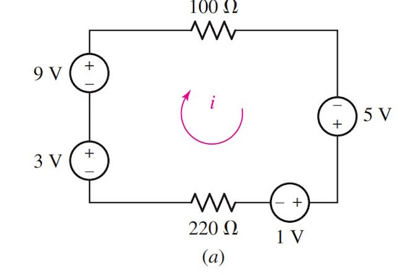 مثال از مدار تک حلقه که ۴ منبع تغذیه داریم و می‌خواهیم محاسبه کنیم که کل ولتاژ چیست.