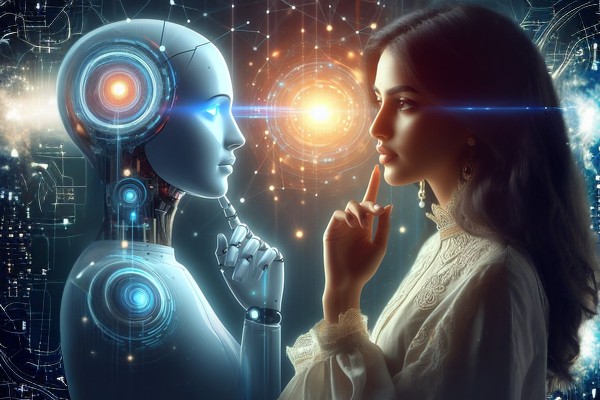 یک دختر و یک ربات هوش مصنوعی رو به روی هم