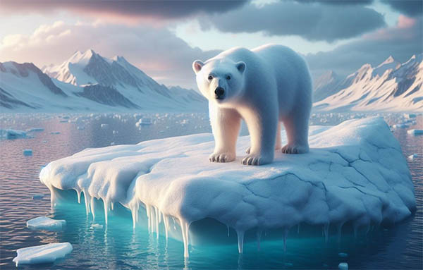 خرس قطبی روی قطعه یخِ شناوری ایستاده است
