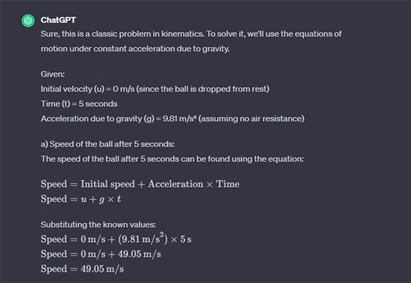 حل ارائه شده توسط ChatGPT مثال اول حل مسائل فیزیک با هوش مصنوعی