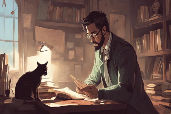 تصویر فردی که در حال مطالعه است و گربه‌ای در کنار او قرار دارد