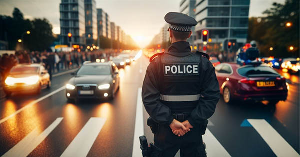 پلیسی در خیابان ایستاده است