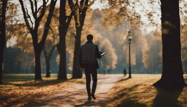 مردی در ال قدم زدن در پارک و خواندن کتاب