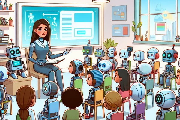 ربات ها در حال یادگیری از خانم معلم جوان نیمه رباتیک هستند.