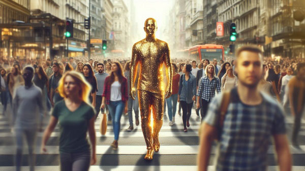 مردی با لباس طلایی در میان جمعیت