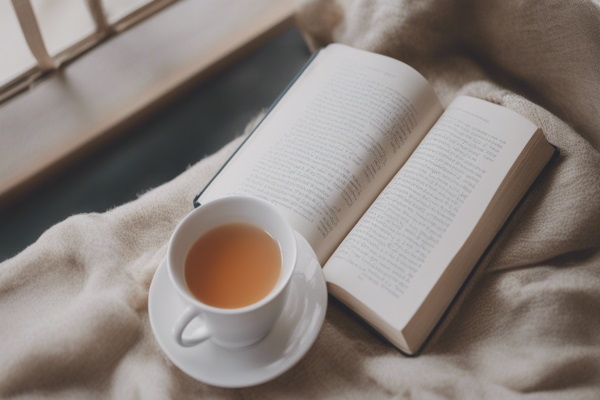 تصویر فنجان یک فنجان چای که کنار کتابی قرار گرفته است