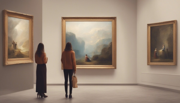 دو خانم ایستاده در حال تماشای نقاشی های یک نمایشگاه