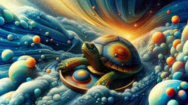 یک لاکپشت رنگی نشسته بر چیزی ساف در حال موج سورای است.