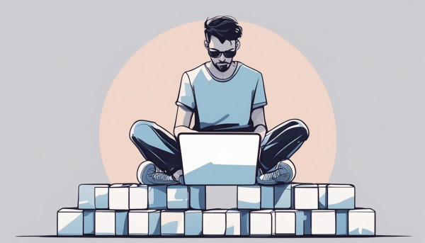 یک مرد جوان نشسته روی مکعب ها در حال کار با بپ تاپ