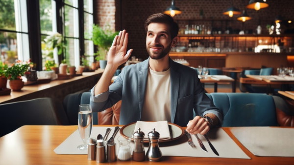 یک مرد نشسته در رستوران در حال علامت دادن به گارسون با دست