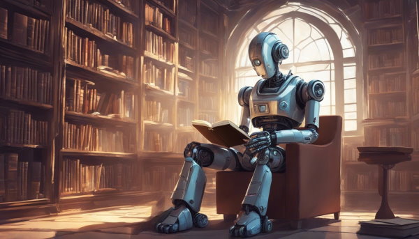 یک ربات نشسته در کتابخانه در حال مطالعه یک کتاب