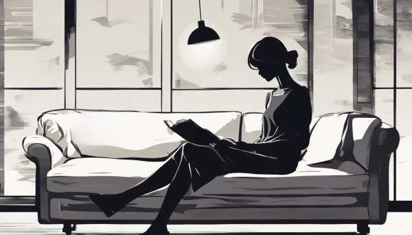 نقاشی سیاه یک خانم نشسته روی مبل در حال مطالعه