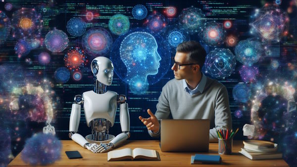 مردی در حال آموزش دادن و صحبت کردن با ربات هوش مصنوعی است 