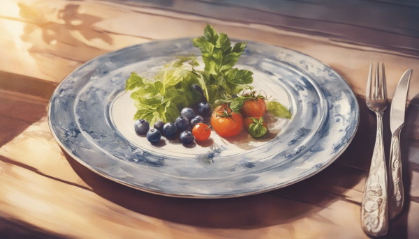یک بشقاب سبزیجات در کنار کارد و چنگال روی یک میز چوبی