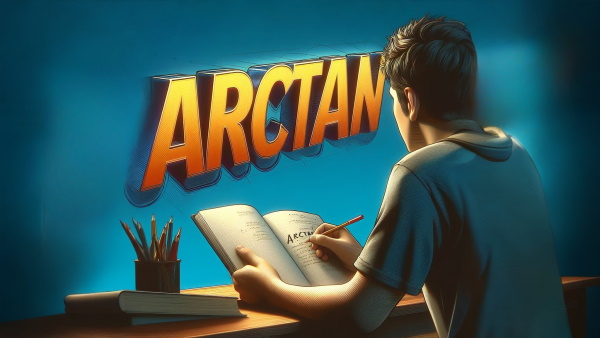 یک پسر نشسته پشت میز با یک دفتر و مد در دست با کلمه ARCTAN - ارک تانژانت چیست