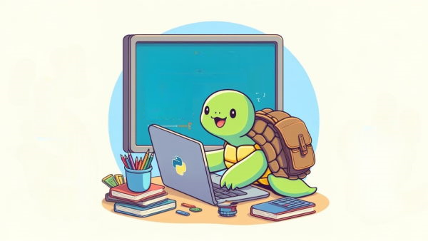 یک لاکپشت خندان در حال کار با لپتابی است که بر روی آن نماد پایتون نقش بسته است. - کتابخانه Turtle در پایتون
