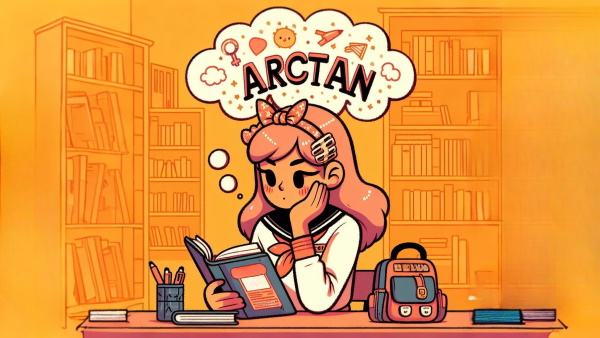 یک دختر نشسته در کتابخانه در کال مطالعه و فکر کردن به ARCTAN - ارک تانژانت چیست