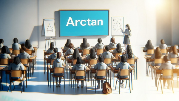 چند دانش آموز نشسته در کلاس در حال نگاه کردن به تخته ای با کلمه Arctan