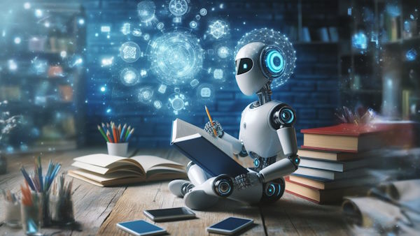 ربات هوش مصنوعی در حال مطالعه و یادگیری مسائل است و کتابهای زیادی در اطراف آن وجود دارد