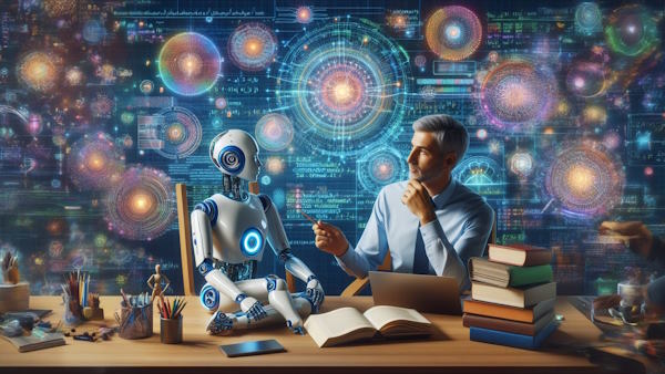 یک مرد با یک ربات در حال صحبت کردن هستند و ربات در حال یادگیری است