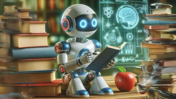 یک ربات در حال مطالعه است و اطراف آن کتابهای زیادی وجود دارد - انواع روش های یادگیری ماشین