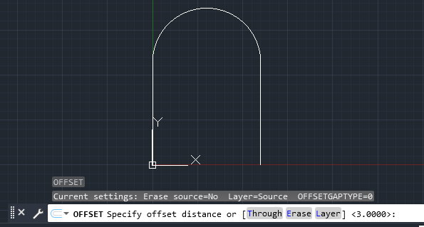 اجرای دستور OFFSET بر روی منحنی متشکل از دو خط راست و یک قوس در AutoCAD