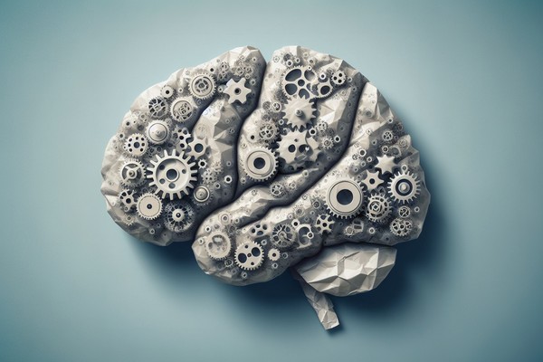تصویری از مغز با افکت کاغذی که در آن، چرخ‌دنده‌های مختلفی وجود دارند. 