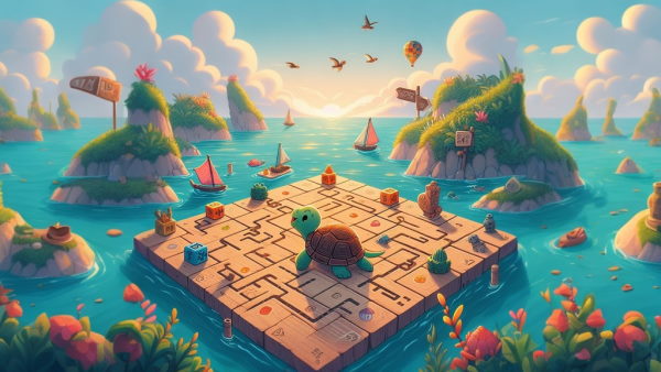 یک لاک پشت بر روی صفحه بازی در جزیره‌ای زیبا به آسمان نگاه می‌کند.
