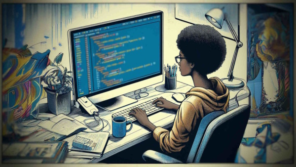 تصویری از یک برنامه نویس که در حال نوشتن کد پایتون بر روی صفحه نمایش کامپیوتر است، در فضای کار برنامه نویس، کیبورد، موس، کتاب و دیگر ابزارهای لازم وجود دارد.