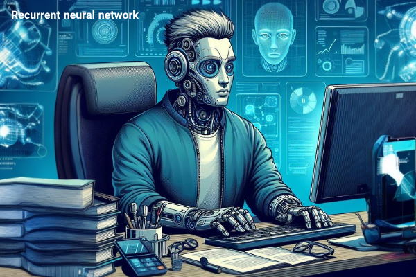 این تصویر شامل یک شخصیت با بدن مکانیکی و سر و صورت پوشیده نشسته است. او در حال کار کردن با یک کامپیوتر است و دست های مکانیکی دارد. پس زمینه تصویر شامل نمودارها و اطلاعات فناورانه است. در بالای سمت چپ تصویر، عبارت “شبکه عصبی بازگشتی” نوشته شده است.