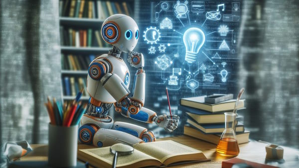 ربات هوش مصنوعی در حال فکر کردن است در حالی که پشت یک میز مطالعه نشسته است و کتابهای مختلفی بر روی میز قرار دارد