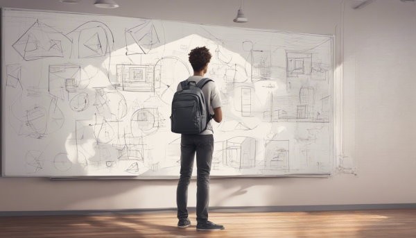 یک دانشجو با کوله پشتی ایستاده در مقابل تخته با طرح خانه و شکل های هندسی