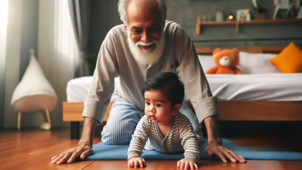 یک نوزاد پسر کنار پدر بزرگش در اتاق خواب چهار دست و پا راه می‌شود - مراحل رشد کودکان 