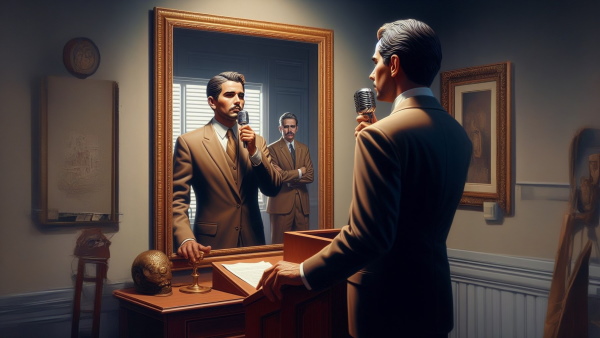 مردی در حال تمرین فن بیان در مقابل آینه