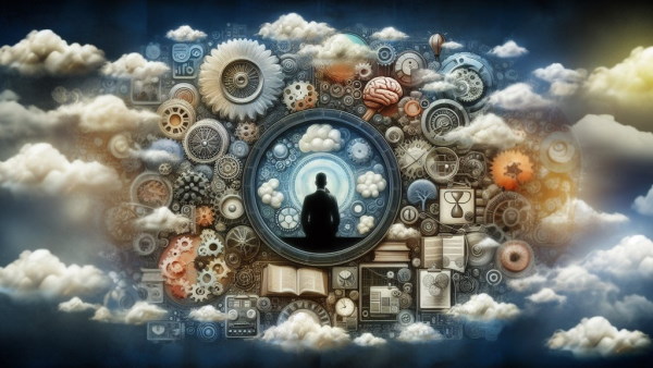 تصویری انتزاعی از مردی که میان ابرها و الگوهای فکری و هیجانی مختلف قرار دارد. 