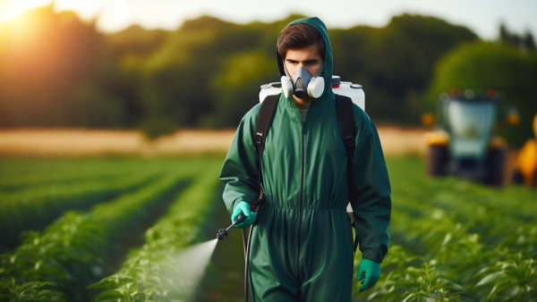 مردی که لباس محافظ و ماسک پوشیده زمین کشاورزی را سم‌پاشی می‌کند - سم شناسی آفتکش‌ها 