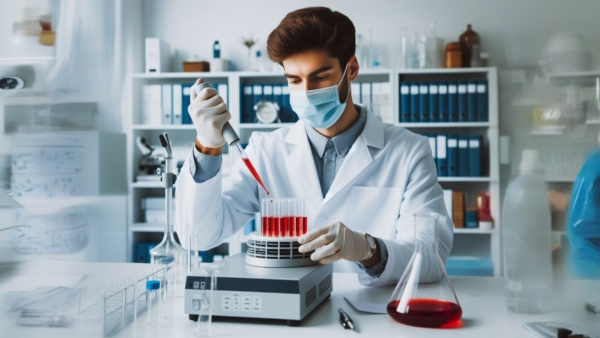 مردی در آزمایشگاه با روپوش سفید در حال کار با لوله‌های آزمایش است.