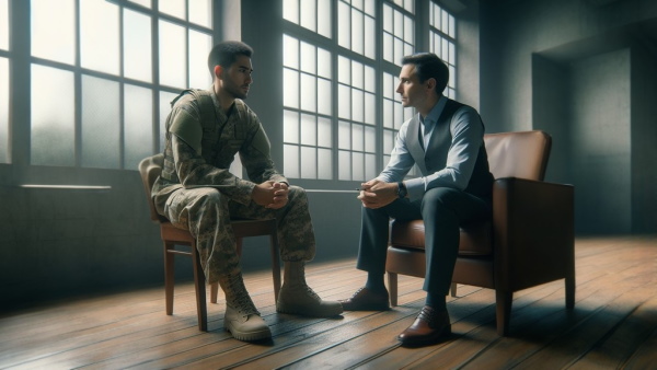 روانشناسی در حال صحبت کردن با یک سرباز جنگی